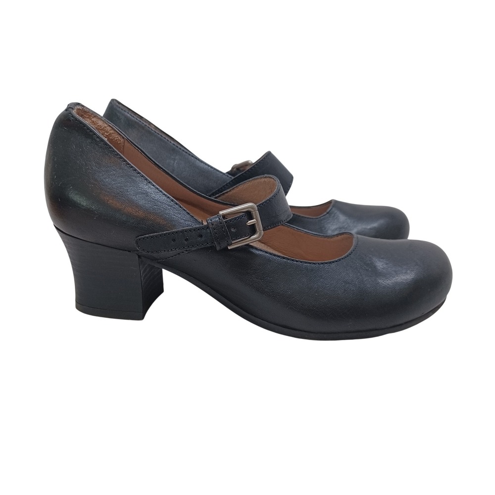 Miz Mooz Black Leather Mary Jane Block Heel Pumps Round Toe Buckle Strap Shoes 7